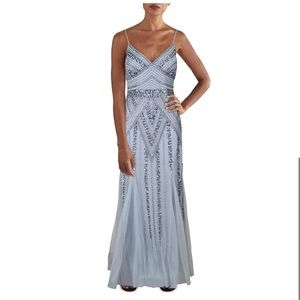 Marina beaded v neck long evening gown light blue